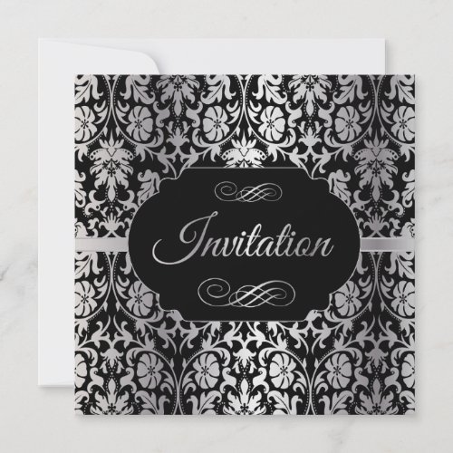 75th Birthday  Silver  Black Damask Invitation