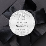 75th birthday silver elegant confetti classic round sticker<br><div class="desc">Faux silver looking background decorated with confetti. Personalize and add a date and a name.  Black letters.  75 written with a balloon style font.</div>