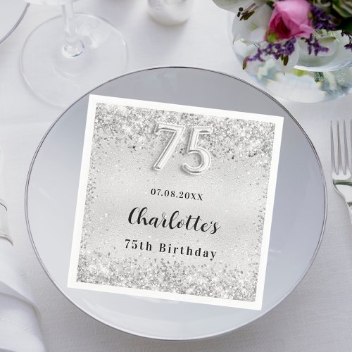 75th birthday silver elegant confetti napkins