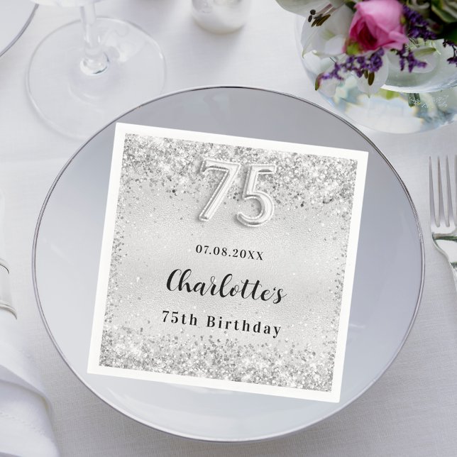 75th birthday silver elegant confetti napkins (Creator Uploaded)
