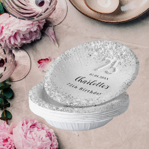 75th birthday silver elegant confetti paper bowls