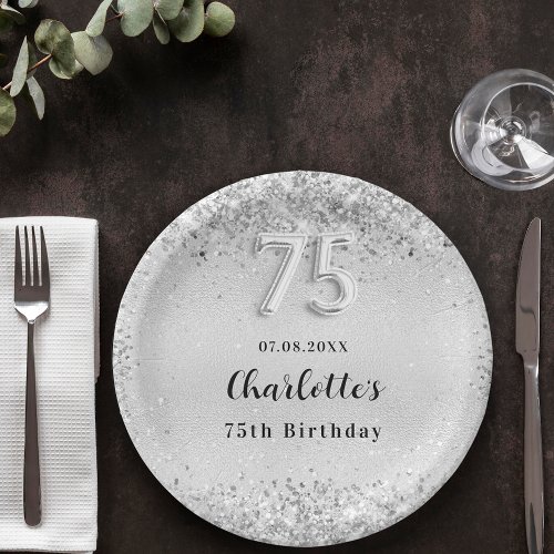 75th birthday silver elegant confetti paper plates