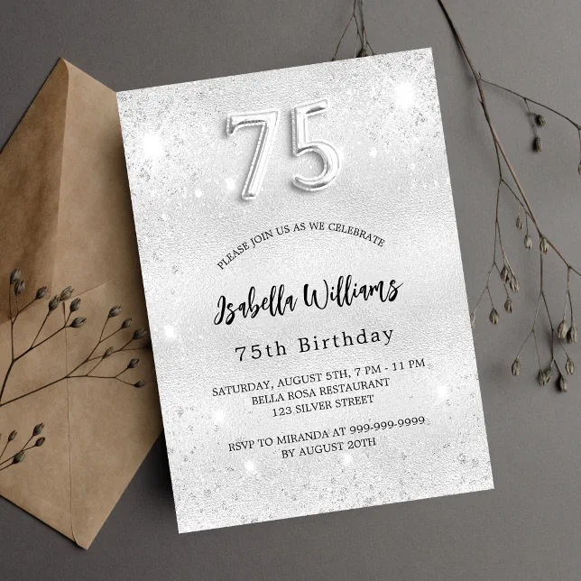 75th Birthday Silver Glitter Elegant Invitation Postcard | Zazzle