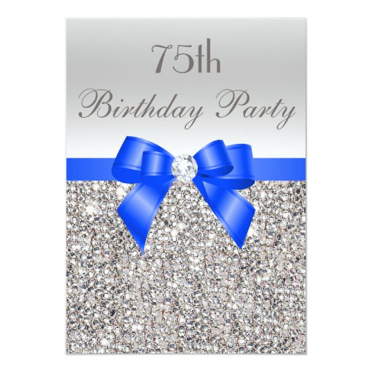 75th Birthday Silver Sequin Royal Blue Bow Diamond Invitation