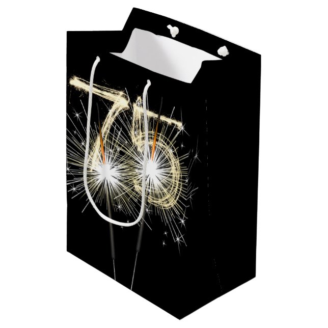 75th Birthday Sparklers on Black  Medium Gift Bag (Front Angled)