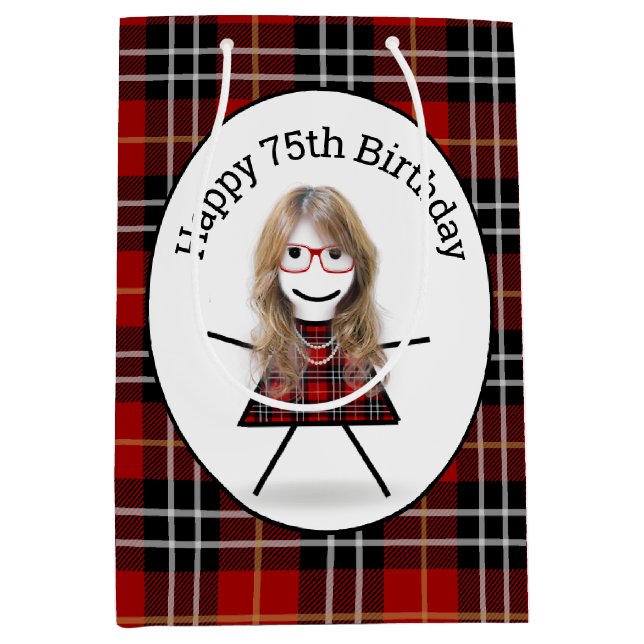 75th Birthday Stick Girl on Tartan Plaid Medium Gift Bag (Front)