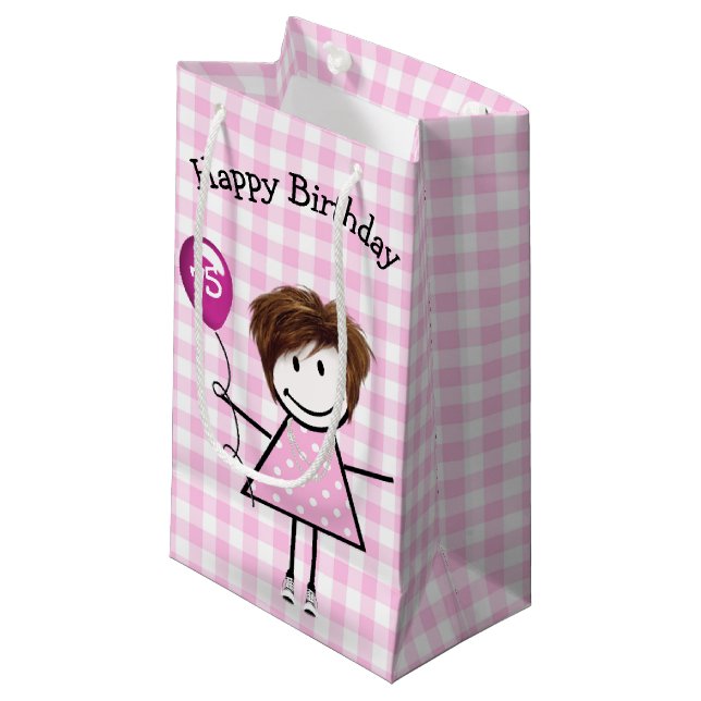 75th Birthday Stick Girl with Pink Balloon Small Gift Bag (Front Angled)