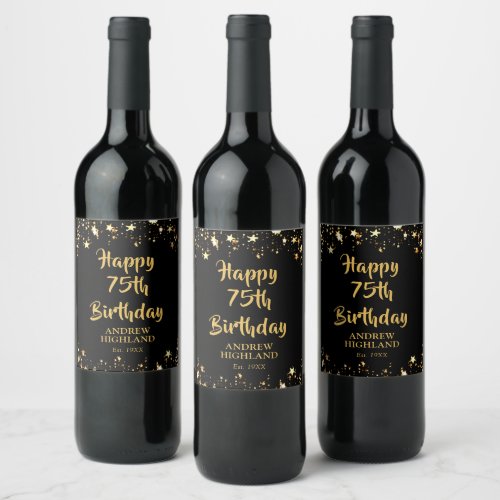 75th Birthday Stylish Black Gold Stars Name Wine Label