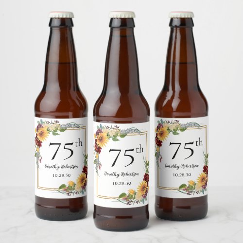 75th Birthday Sunflowers Beer Bottle Label