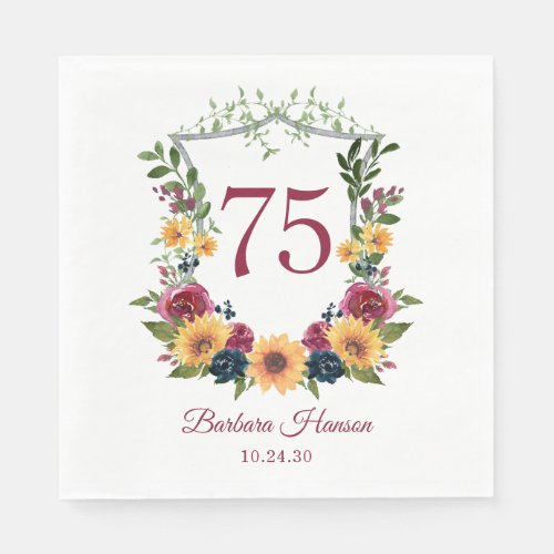 75th Birthday Sunflowers Floral Crest Napkins