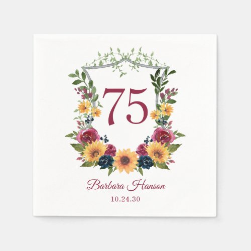75th Birthday Sunflowers Floral Crest Napkins