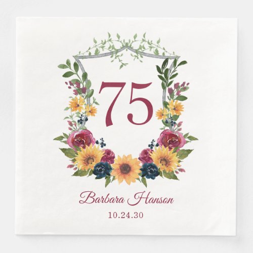 75th Birthday Sunflowers Floral Crest Paper Dinner Napkins