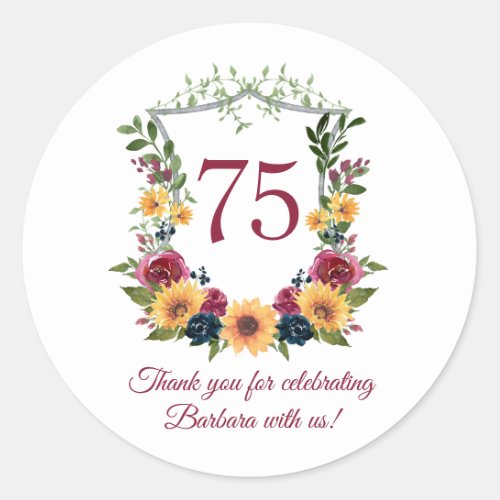 75th Birthday Sunflowers Floral Crest Thank You Classic Round Sticker