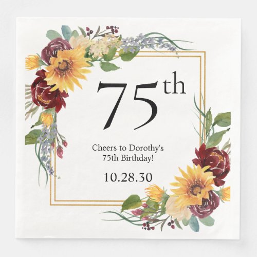 75th Birthday Sunflowers Paper Dinner Napkins