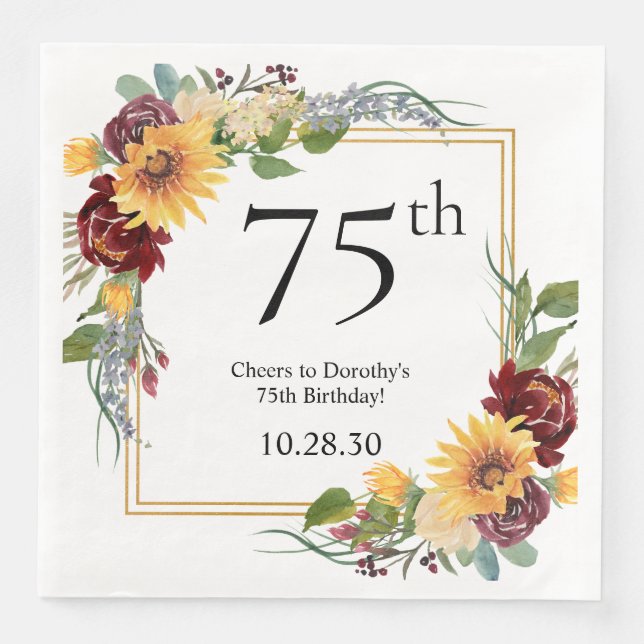 75th Birthday Sunflowers Paper Dinner Napkins (Front)
