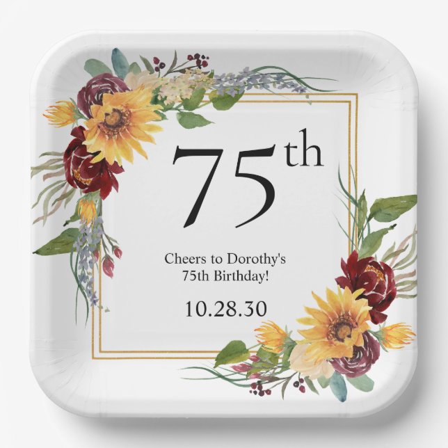 75th Birthday Sunflowers Paper Plates (Front)
