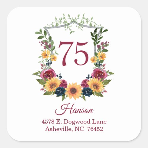 75th Birthday Sunflowers Return Address Square Sticker
