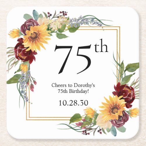 75th Birthday Sunflowers Square Paper Coaster