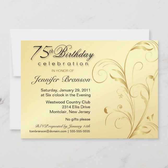 75th Birthday Surprise Party - Elegant Gold Floral Invitation (Front)