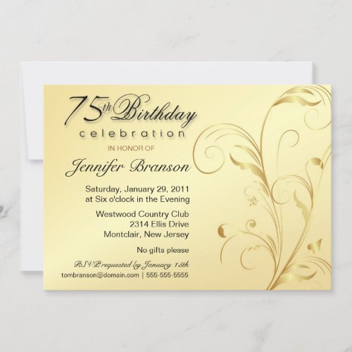 75th Birthday Surprise Party - Elegant Gold Floral Announcements