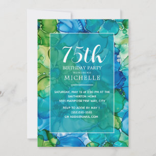 75th Birthday Teal Green Alcohol Ink Elegant Invitation
