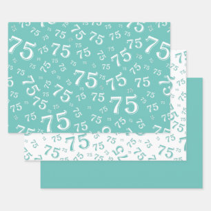 75th Birthday Teal & White Number Pattern 75 Wrapping Paper Sheets