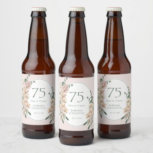 75th Birthday Tropical Floral Beer Bottle Label