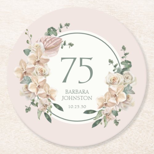 75th Birthday Tropical Floral Round Paper Coaster