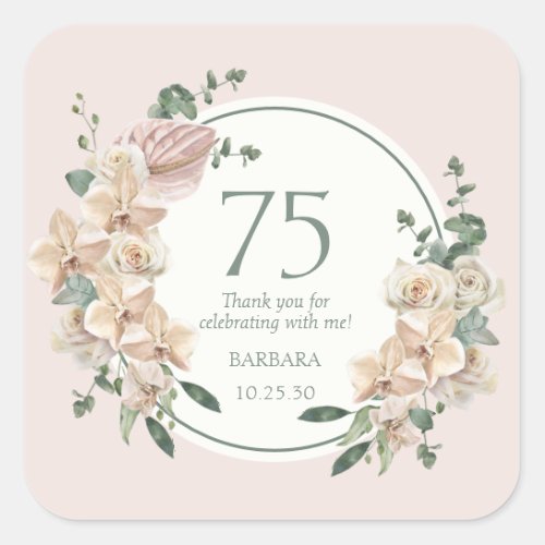 75th Birthday Tropical Floral Thank You Square Sticker
