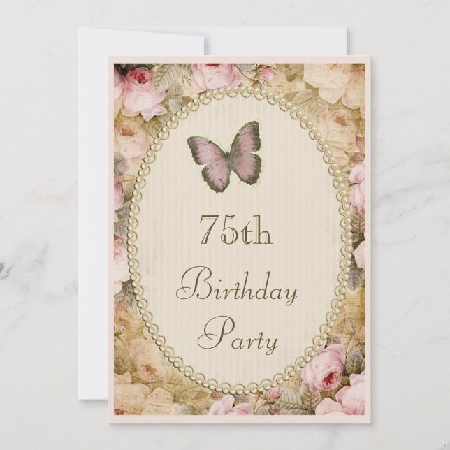 75th Birthday Vintage Roses Butterfly, Music Notes Invitation (Front)