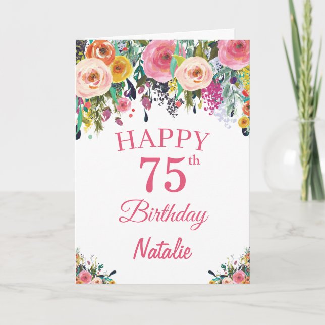 75th Birthday Watercolor Floral Flowers Pink Card (Front)