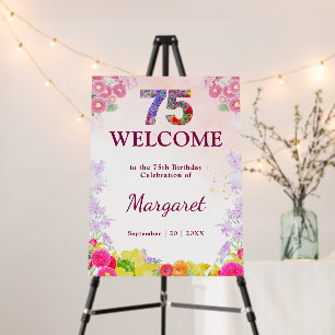 75th Birthday Welcome Sign Floral Elegant Party