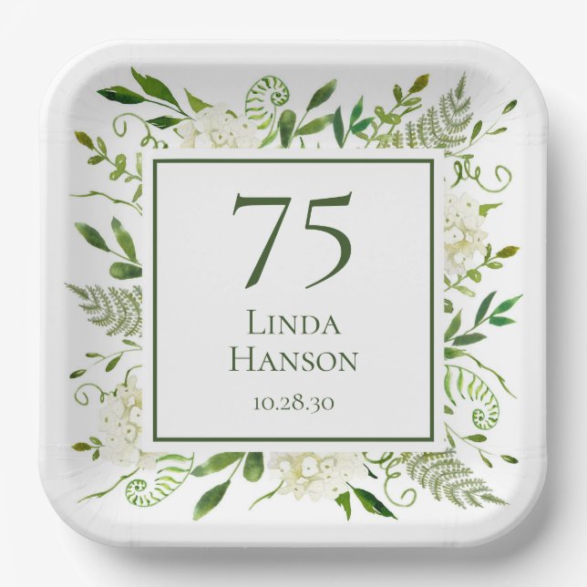 75th Birthday White Hydrangeas Paper Plates (Front)