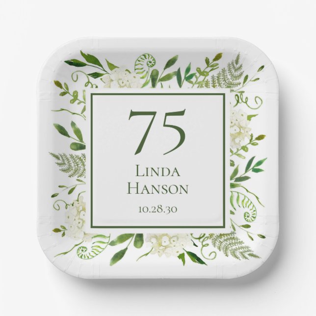 75th Birthday White Hydrangeas Paper Plates (Front)