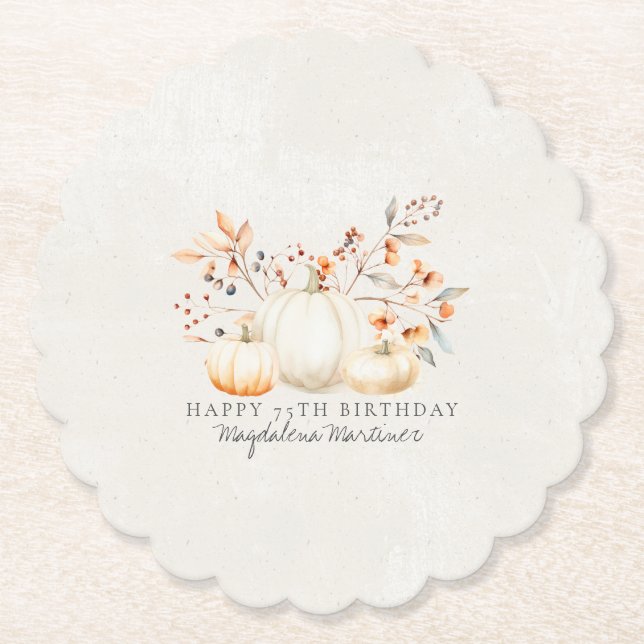 75th Birthday White Pumpkin Fall Leaves Custom Paper Coaster (Front)