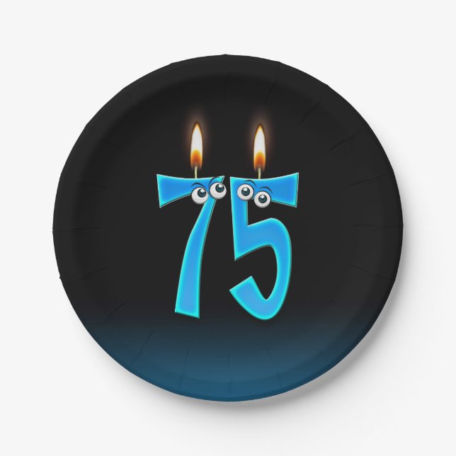 75th Birthday with lit candle numbers Paper Plates (Front)