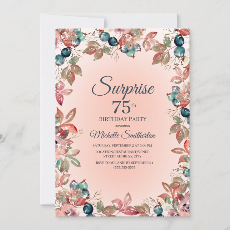 75th Birthday Women Pink Teal Floral Leaves Invitation 