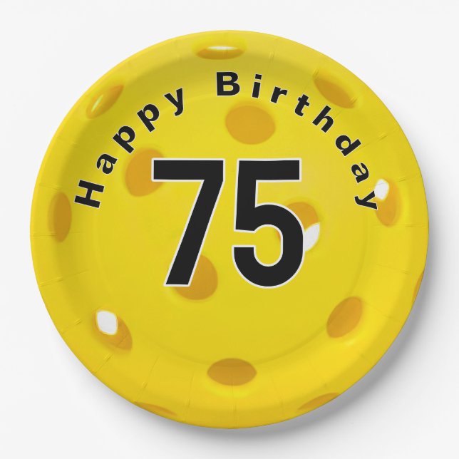75th Birthday Yellow Pickleball Paper Plates (Front)