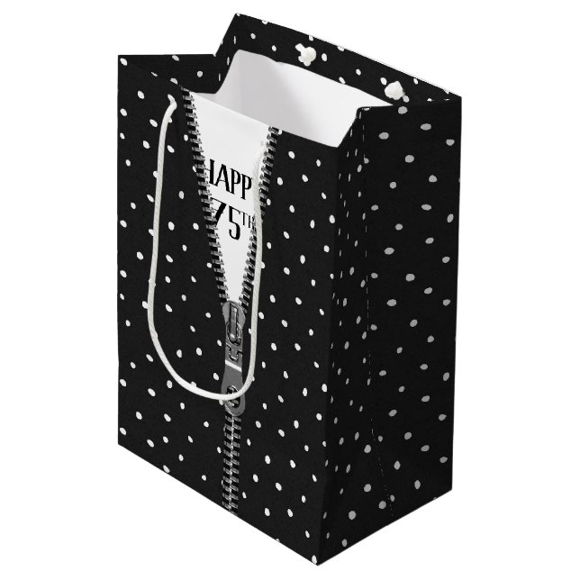 75th Birthday Zipper On Polka Dots  Medium Gift Bag (Front Angled)