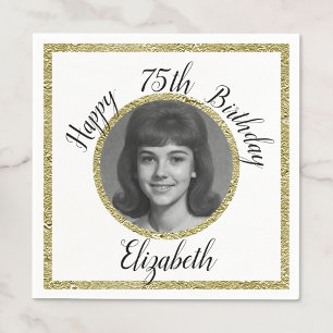 75th Custom Photo White and Gold Birthday Napkins