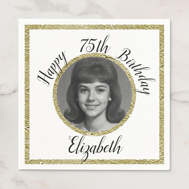 75th Custom Photo White and Gold Birthday Napkins (Creator Uploaded)