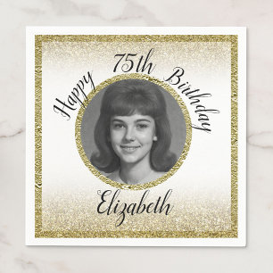 75th Custom Photo White and Gold Birthday Napkins