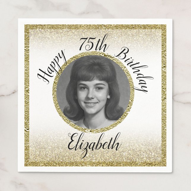 75th Custom Photo White and Gold Birthday Napkins (Creator Uploaded)