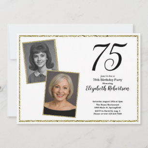 75th Custom Photo White and Gold Invitation