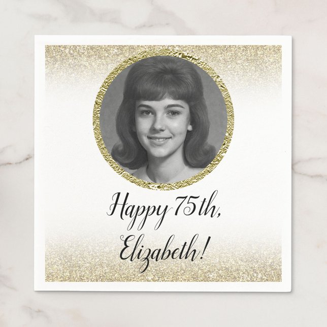75th Custom Photo White and Gold  Napkins (Creator Uploaded)