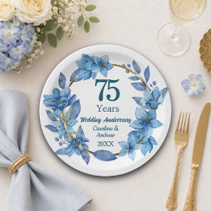 75th Elegant Blue Floral Wedding Anniversary Paper Plates