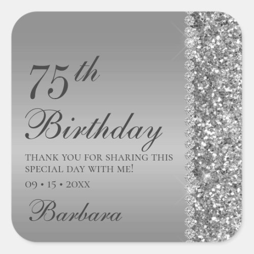 75th Elegant Silver Birthday Square Sticker