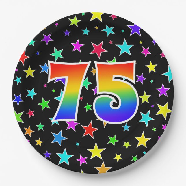 75th Event: Bold, Fun, Colorful Rainbow 75 Paper Plates (Front)