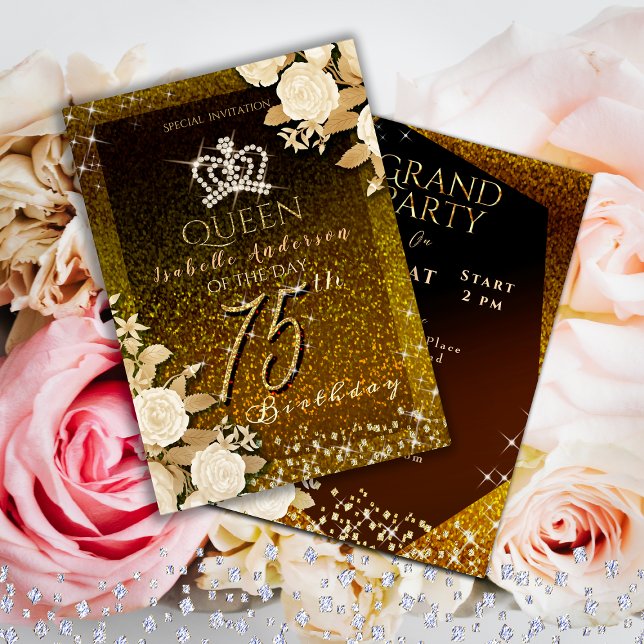 75th Glittering Crown Gold Birthday  Invitation (Elegant crown birthday Invitation card for your mom or grandmother for her special 75th birthday.)
