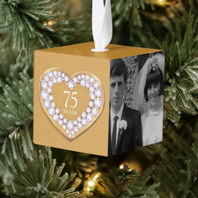 75th gold diamond anniversary heart now then photo cube ornament (Tree)